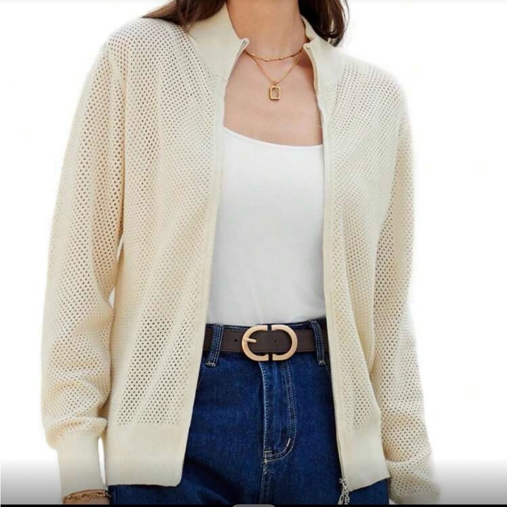 Openwork Zip Front Cardigan in Cream